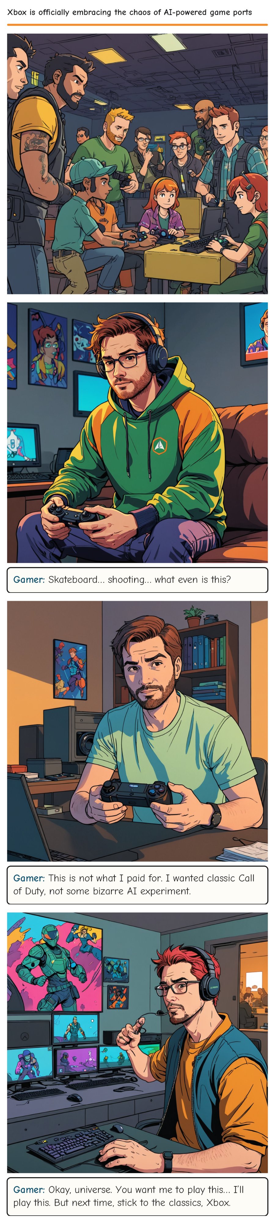 Xbox is officially embracing the chaos of AI-powered game ports — comic strip