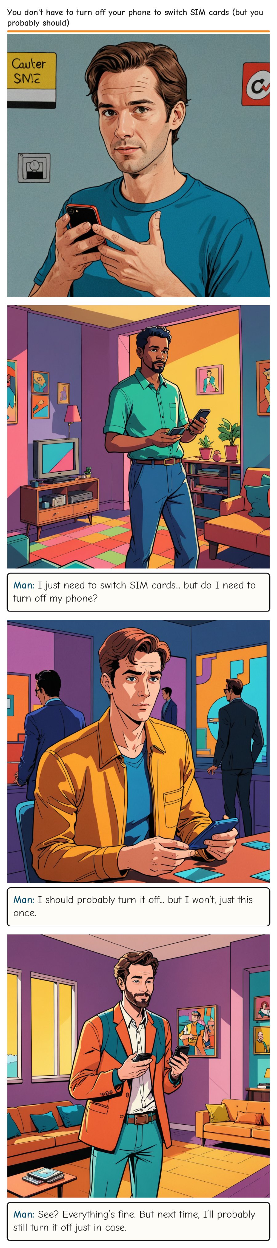 You don't have to turn off your phone to switch SIM cards (but you probably should) — comic strip