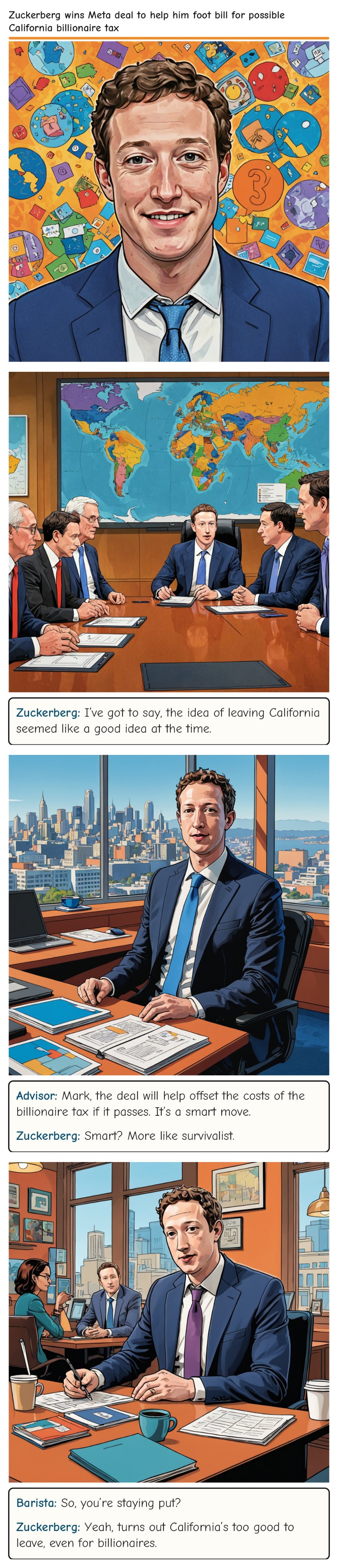 Zuckerberg wins Meta deal to help him foot bill for possible California billionaire tax — comic strip