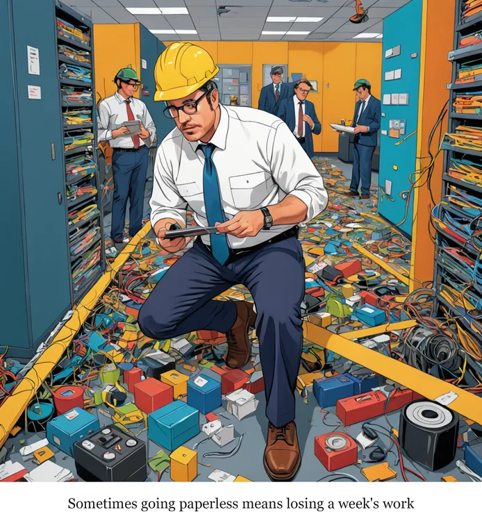 Comic panel: a worker in a hard hat kneeling in a pile of scattered papers, captioned 'Sometimes going paperless means losing a week's work.'